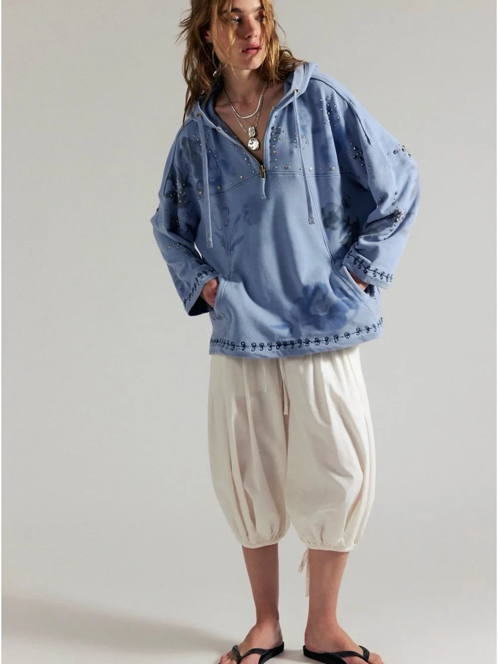 NWT Free People Sweatshirt Silver Studded Floral Embroidered - Half Zip Hoodie